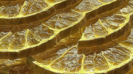 Poster -   A cluster of orange slices resting atop a stack of aluminum foil encased in clear plastic on top of a table