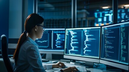 Poster - Woman in glasses sits at desk with multiple monitors.