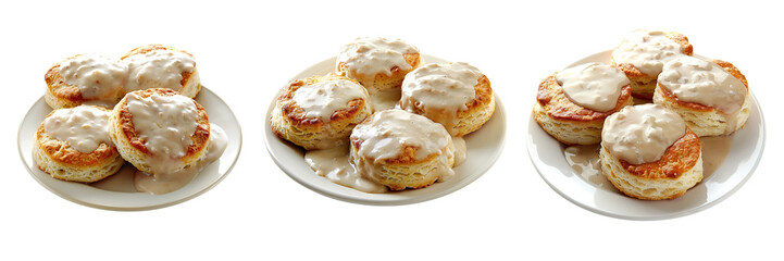 Set of mouth-watering plate of freshly baked biscuits and creamy gravy isolated on a transparent background