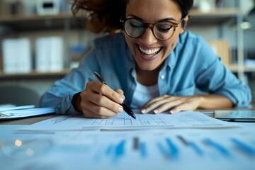Fototapete - The beautiful person with eyeglasses is happily smiling and laughing as they fill out the survey form, looking intently at the checkboxes with a pen in hand.