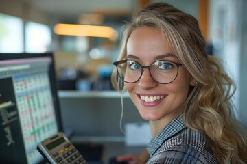 Beautiful businesswoman with glasses smiling and calculating finances in office, looking at her computer screen and crunching numbers with a calculator.