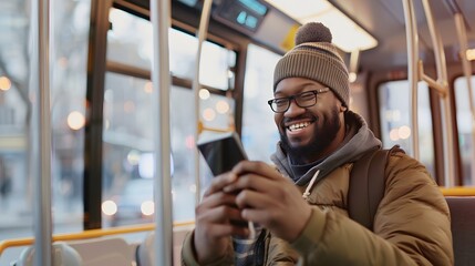 A smiling man uses his phone while riding a bus.