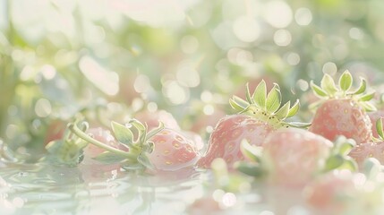 Poster -    a cluster of strawberries on a table surrounded by blurred foliage