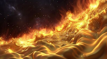 Wall Mural -  Black background with stars, wave of fire on top