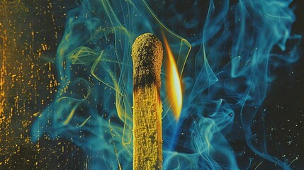 Canvas Print -   A matchstick burning with blue-yellow smoke coming out of the tip