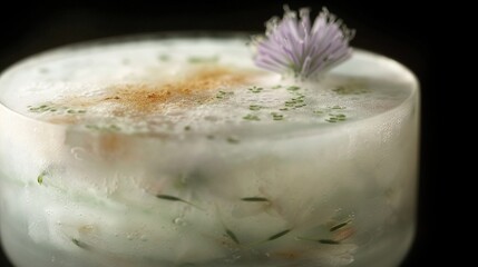 Poster -   A close-up of a drink in a glass with a purple flower on the rim