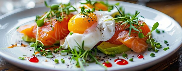 Salmon, poached egg, and avocado on a white plate, healthy breakfast.