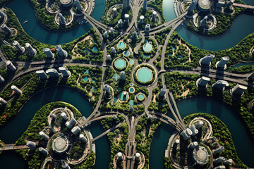 Wall Mural - Futuristic city aerial view at sunny day. Round structure of sci-fi metropolis from the bird view