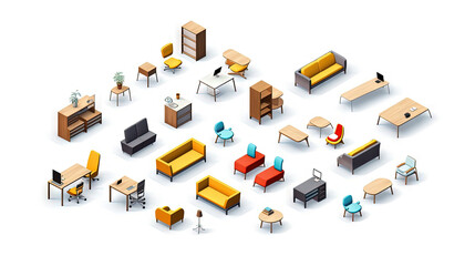 Wall Mural - Set of isometric office furniture with desk and chair icons.