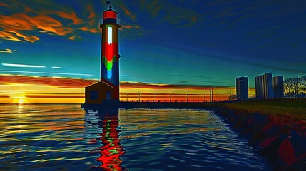 Poster -   A lighthouse painting in water at sunset with a city in the background