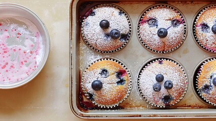 Poster -   A pan of blueberry muffins next to bowls of powdered sugar and blueberries