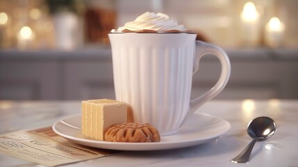 Poster -   A cup of coffee sits atop a white plate next to a slice of cake