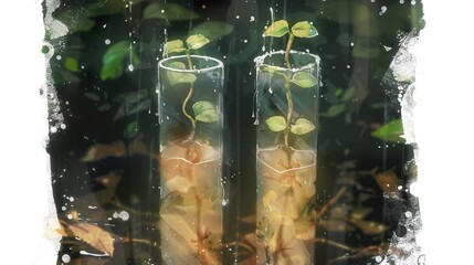 Canvas Print -   Two glass vases filled with plants sit on a window sill, their surfaces adorned with shimmering water droplets