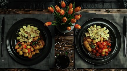   Two plates of food on a table with utensils and a vase with tulips