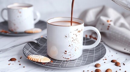 Poster -   A hot chocolate mug filled from a cup with a cookie on a saucer nearby and a spoon