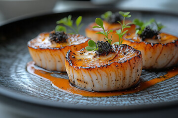 Clean image of a dish featuring abalone, presented with minimalist garnishments on a modern plate,