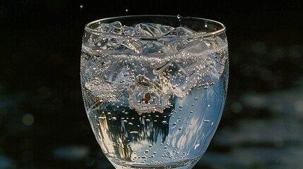 Canvas Print -   Close-up of a wine glass with water at the base and bubbles within the glass