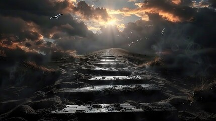 Poster -  A set of steps leading to a sky filled with clouds and a bird soaring above