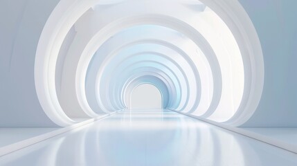 Poster -   A white tunnel with a light at the end and a white door leading to another tunnel with a light at the end