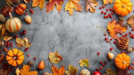 Poster -   An arrangement of autumn leaves, acorns, berries, and pumpkins on a gray background with space for text