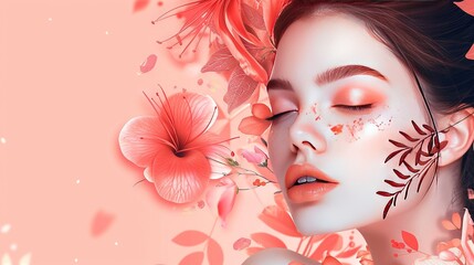 Poster -   A woman's face surrounded by flowers and a butterfly, set against a pink backdrop