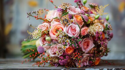 Poster -   A pink-orange bouquet on a wooden table near a metal flower pot