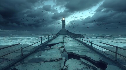 Canvas Print -  Lighthouse on Pier in Ocean Under Cloudy Sky with Birds Flying