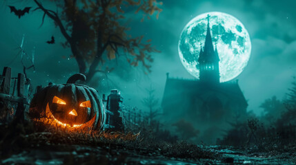 Poster - Happy Halloween banner. Scary Halloween Pumpkin near an old castle in a creepy forest against the backdrop of a full moon.