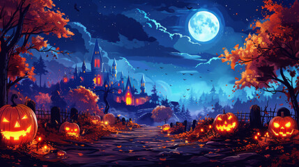 Poster - Happy Halloween banner. Horrible Halloween pumpkins against the backdrop of an old creepy castle under a full moon.