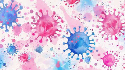 Wall Mural -  Blue and pink paint splatters on a white background with pink and blue spots visible