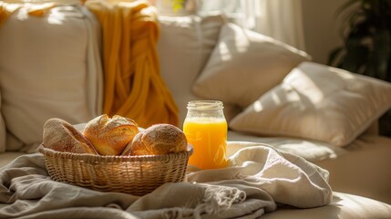 A basket of fresh bread sits on a blanket with a glass of orange juice, symbolizing a simple and delicious breakfast, warmth, comfort, and a cozy atmosphere.