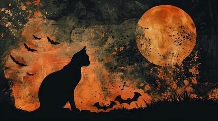 Canvas Print - A black cat sits in profile, gazing towards a large, glowing orange moon.  Bats fly around in the dark sky above.  The orange and black color scheme creates a spooky, mysterious atmosphere.  The backg