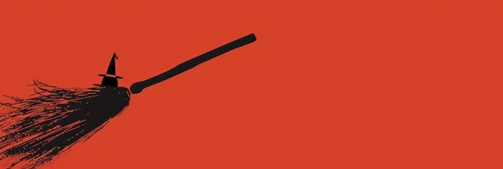 Poster - A black silhouette of a witch's broom flying against a vibrant red background. The broom symbolizes magic, Halloween, fantasy, and the power of flight.