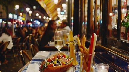 Sticker -   A clearer image shows the focus being on the plate of food, with a glass of wine to the side In the background, there are several people enjoying their meal