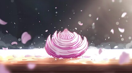 Wall Mural -   A wooden table sits beside a pile of confetti sprinkles with an onion perched atop it