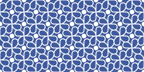 Leinwandbilder - Four petals and circles, vector blue pattern. Seamless repeating pattern of geometric screws and circles. Blue background.