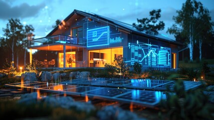 Wall Mural - a solar-powered home with a sophisticated energy management system, displaying energy production and