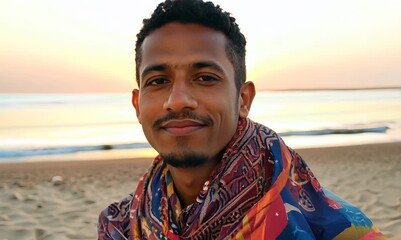 Canvas Print - portrait of a Kenyan man in his 30s wearing a foulard against a beach background