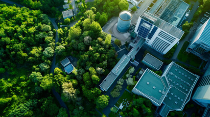 Poster - An aerial view of a large biomass power plant surrounded by greenery