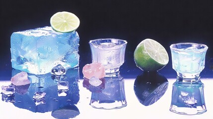 Poster -   A collection of various ice cubes in an assortment of glass containers, with a lime wedge perched atop one of them