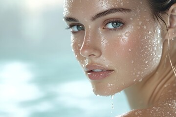 Close-up of a woman's shoulder with water droplets, highlighting her fresh, dewy skin and natural beauty in a spa-like setting.