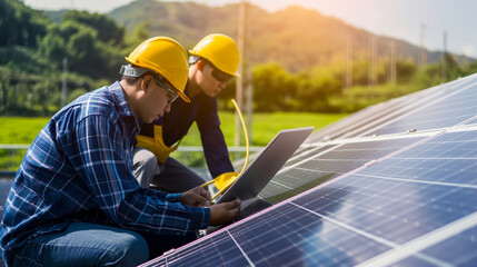 Wall Mural - Engineers analyzing the performance of solar panels at a solar farm