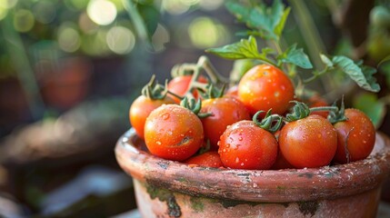 Wall Mural -   A close-up shot of a potted plant brimming with juicy tomatoes and water glistening on its top