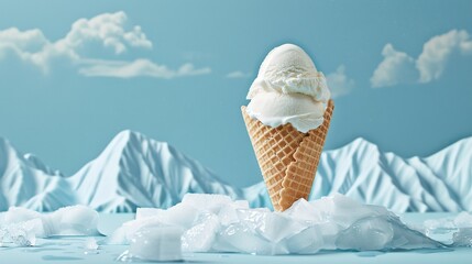 Sticker -   An image of an ice cream cone with a scoop of ice cream on top, set against the serene backdrop of majestic mountains