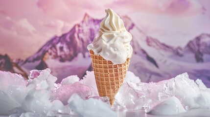 Poster -   An ice cream cone with white icing on top of ice cubes, surrounded by mountains