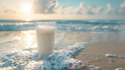 Poster -   Glass of milk on sandy beach next to ocean with sun