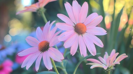 Poster -   A sharp focus on a group of pink blossoms against a hazy backdrop featuring shades of blue, pink, and yellow flora