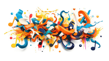 Abstract colorful splashes and three-dimensional musical notes on a white background, featuring bold colors and dynamic shapes.