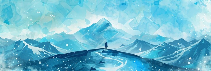 Poster - A lone figure stands on a snow-covered peak, gazing out at a breathtaking landscape of mountains shrouded in a blue winter haze, symbolizing peace, reflection, and the beauty of nature.