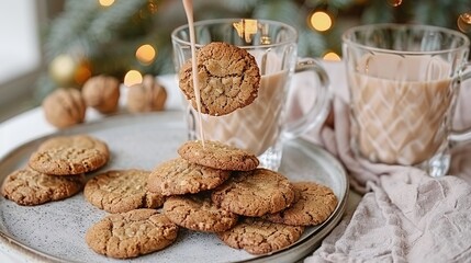 Wall Mural -   A plate of cookies sits beside a glass of milk and a cup of coffee on a table, surrounded by a Christmas tree in the background